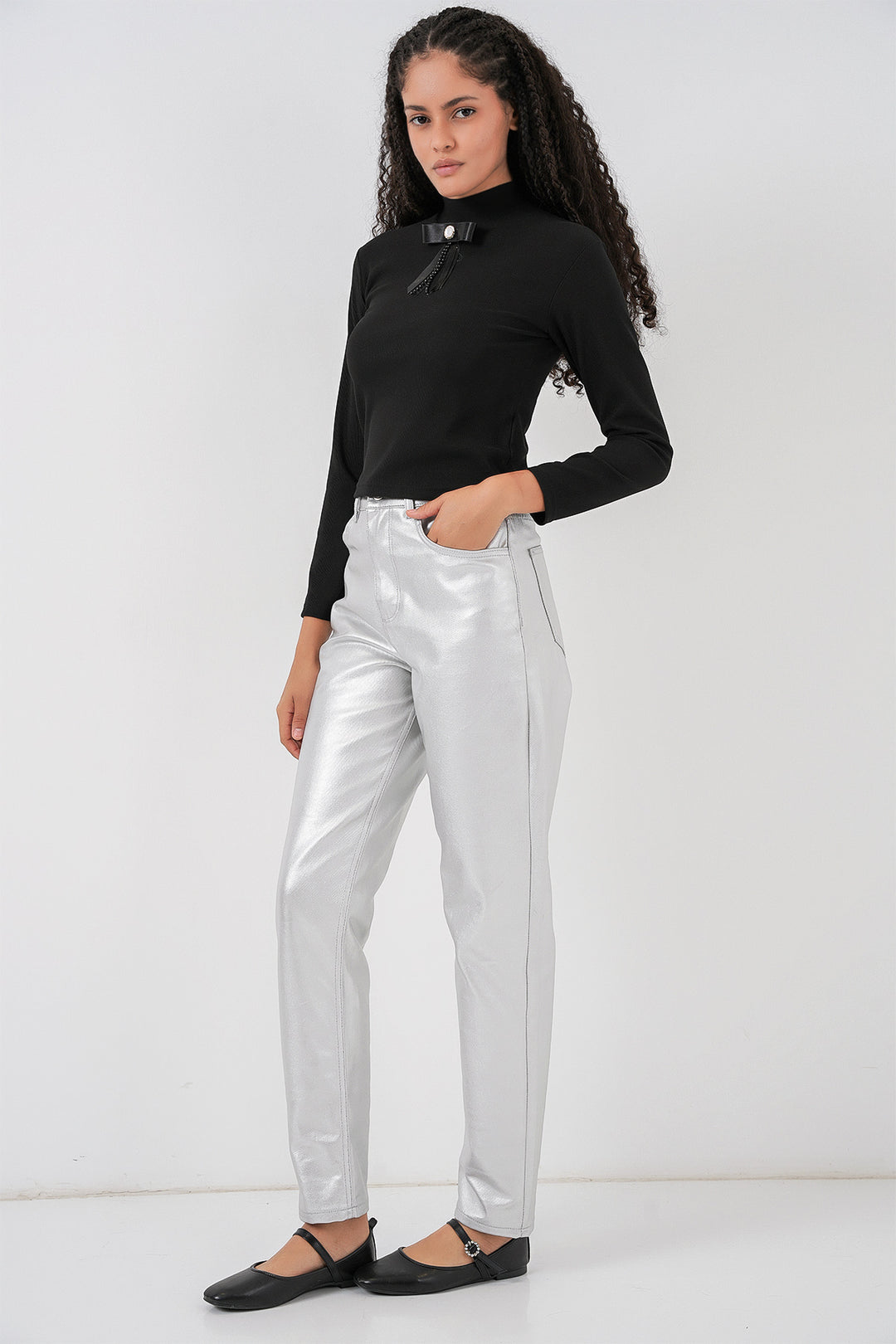 BGD Women Kadın Yüksek Bel Parlak Pantolon 6738 - Gümüş - Amstelveen