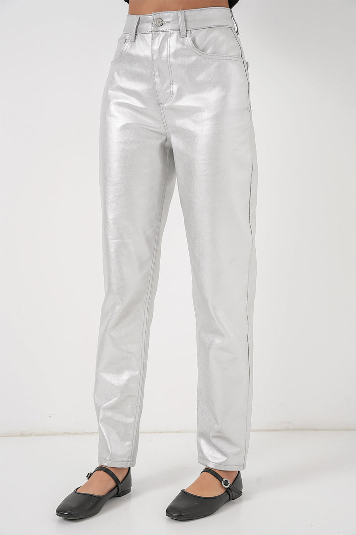 BGD Women Kadın Yüksek Bel Parlak Pantolon 6738 - Gümüş - Amstelveen