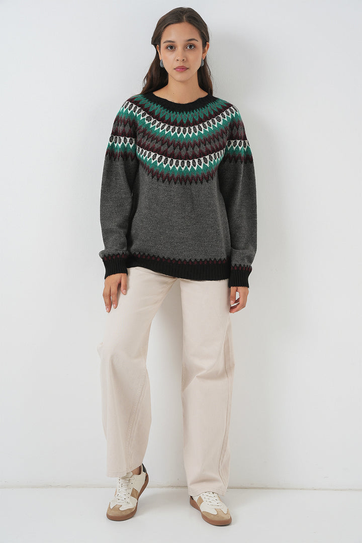 BGD Women Kadın Desenli Triko Kazak 15932 - Antrasit - Pleasanton