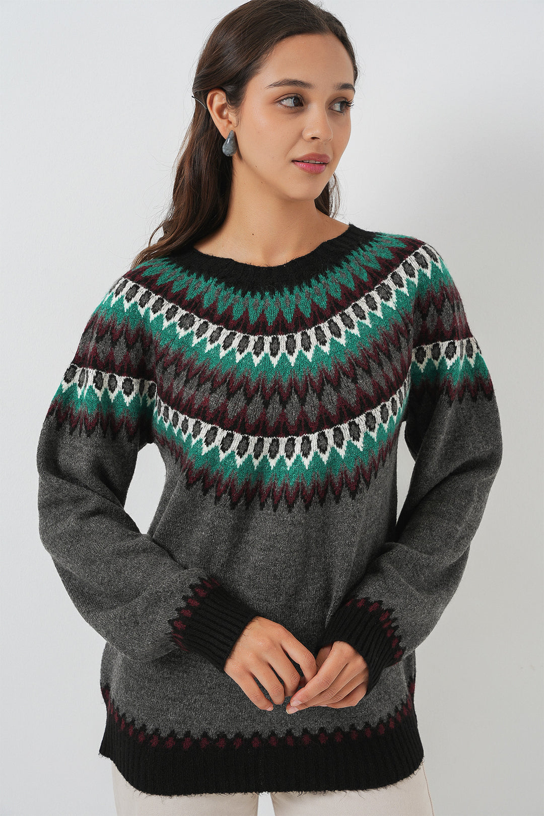 BGD Women Kadın Desenli Triko Kazak 15932 - Antrasit - Pleasanton