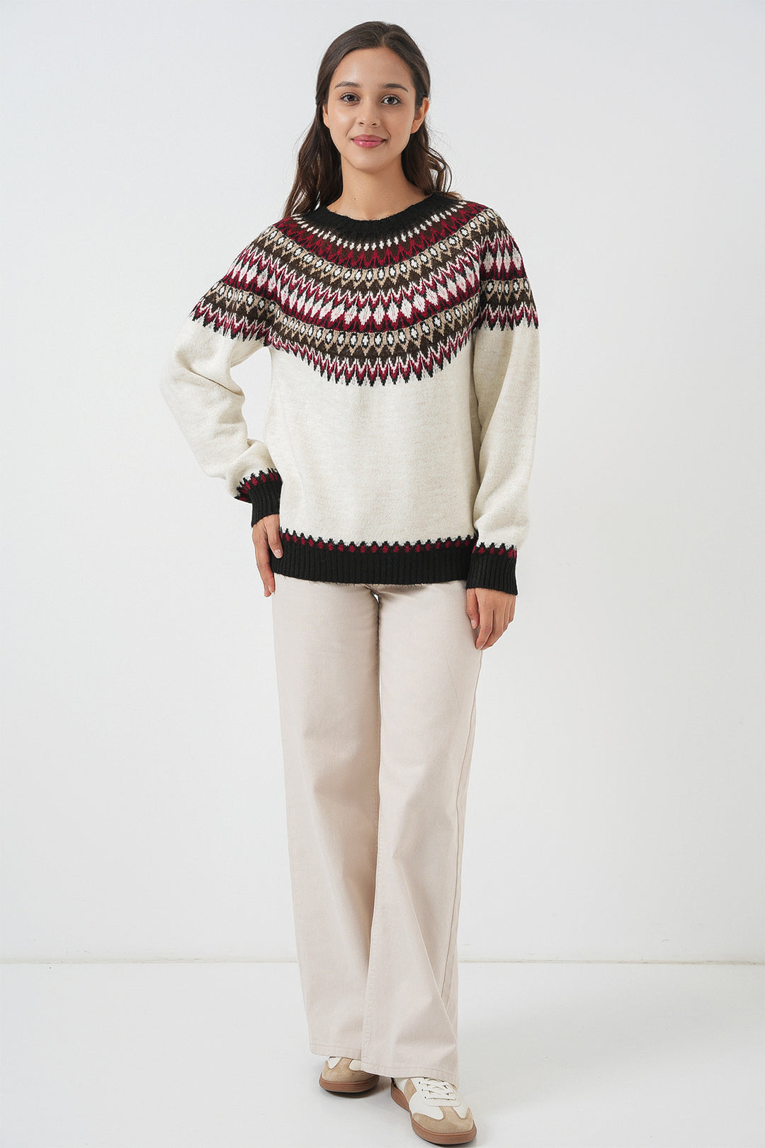 BGD Women Kadın Desenli Triko Kazak 15932 - Ekru - Perth