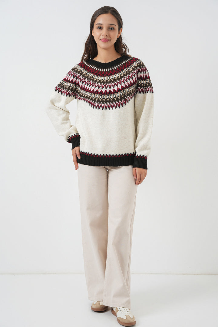 BGD Women Kadın Desenli Triko Kazak 15932 - Ekru - Perth