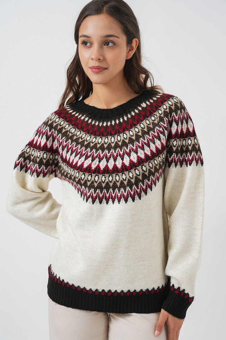 BGD Women Kadın Desenli Triko Kazak 15932 - Ekru - Perth