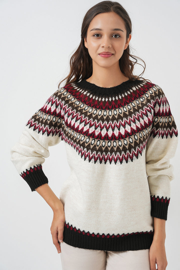 BGD Women Kadın Desenli Triko Kazak 15932 - Ekru - Perth