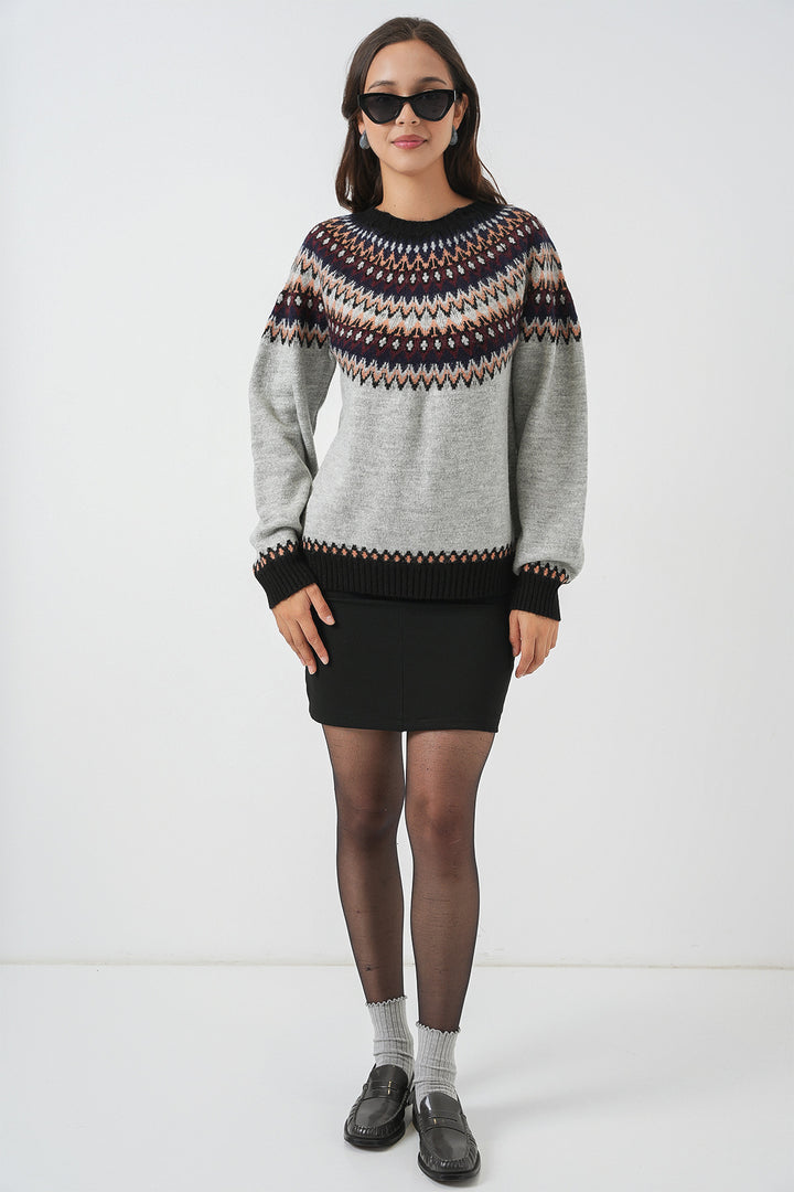 BGD Women Kadın Desenli Triko Kazak 15932 - Gri - Lemgo