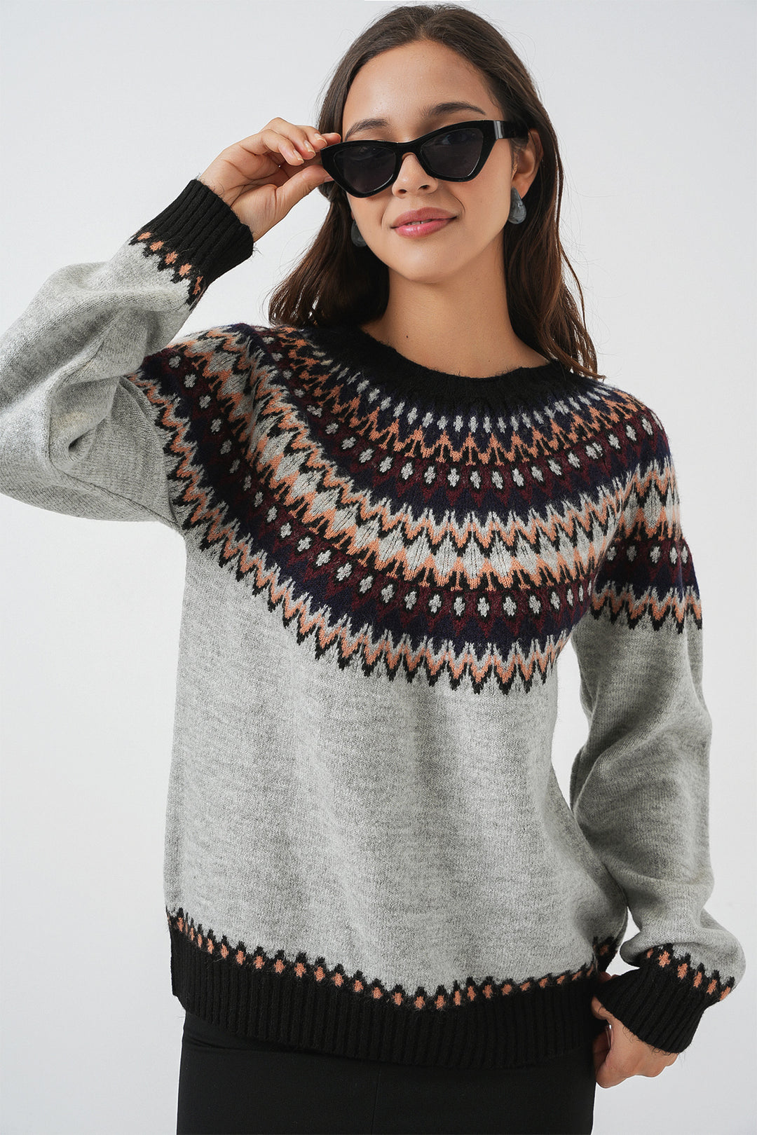 BGD Women Kadın Desenli Triko Kazak 15932 - Gri - Lemgo