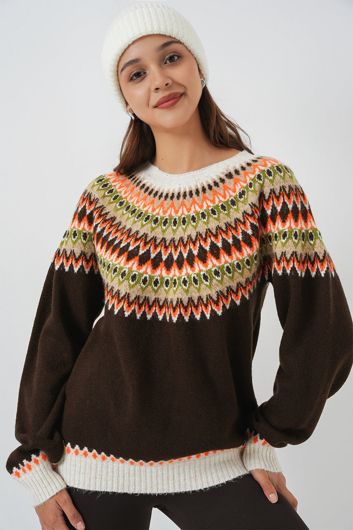BGD Women Woman Patterned Sweater 15932 - Brown - Imola