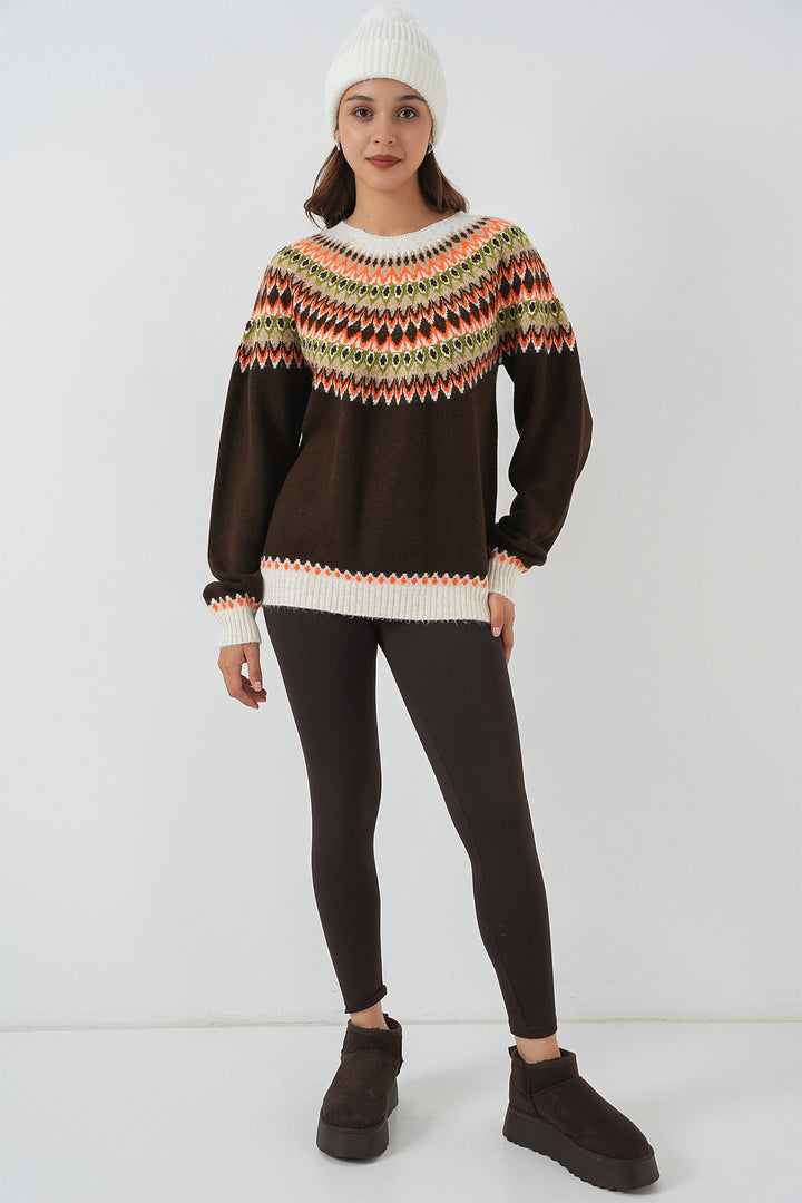 BGD Women Woman Patterned Sweater 15932 - Brown - Imola