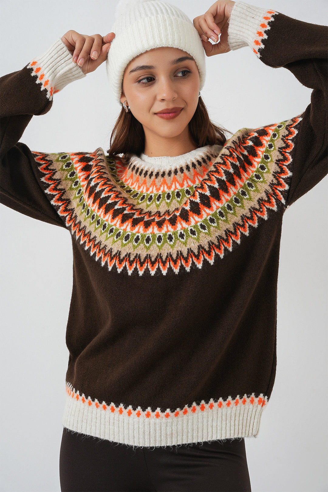 BGD Women Woman Patterned Sweater 15932 - Brown - Imola