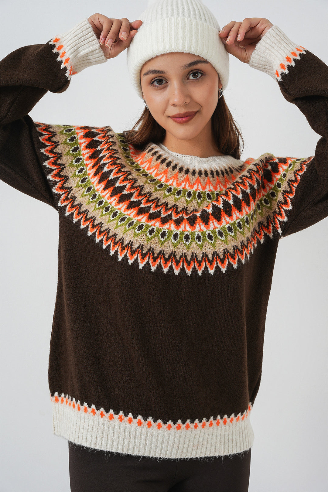 BGD Women Woman Patterned Sweater 15932 - Brown - Imola