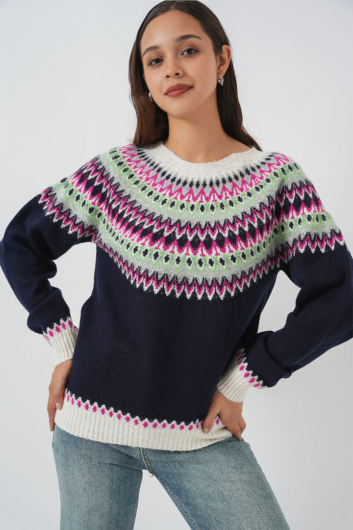 BGD Women Kadın Desenli Triko Kazak 15932 - Lacivert - Brunswick