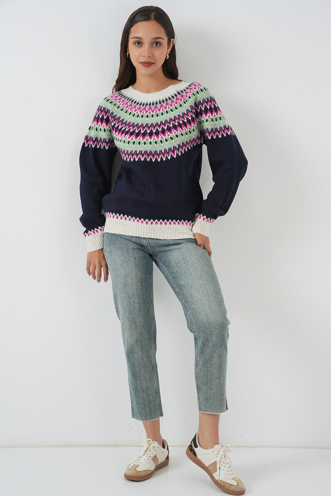 BGD Women Kadın Desenli Triko Kazak 15932 - Lacivert - Brunswick