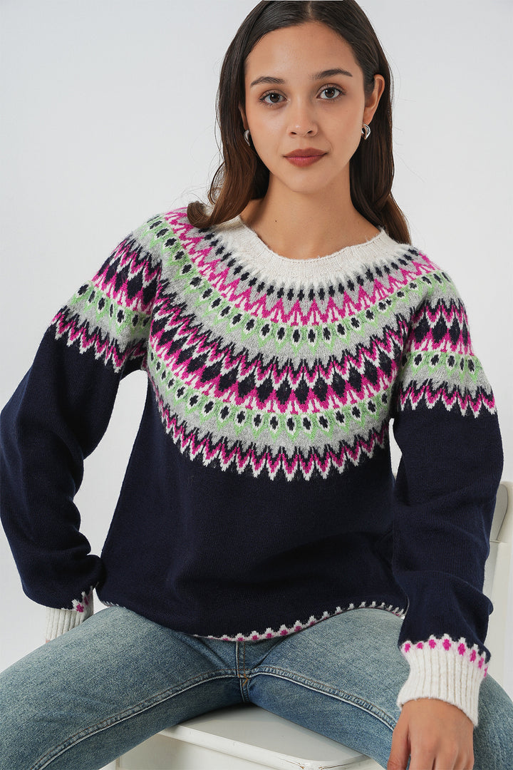 BGD Women Kadın Desenli Triko Kazak 15932 - Lacivert - Brunswick