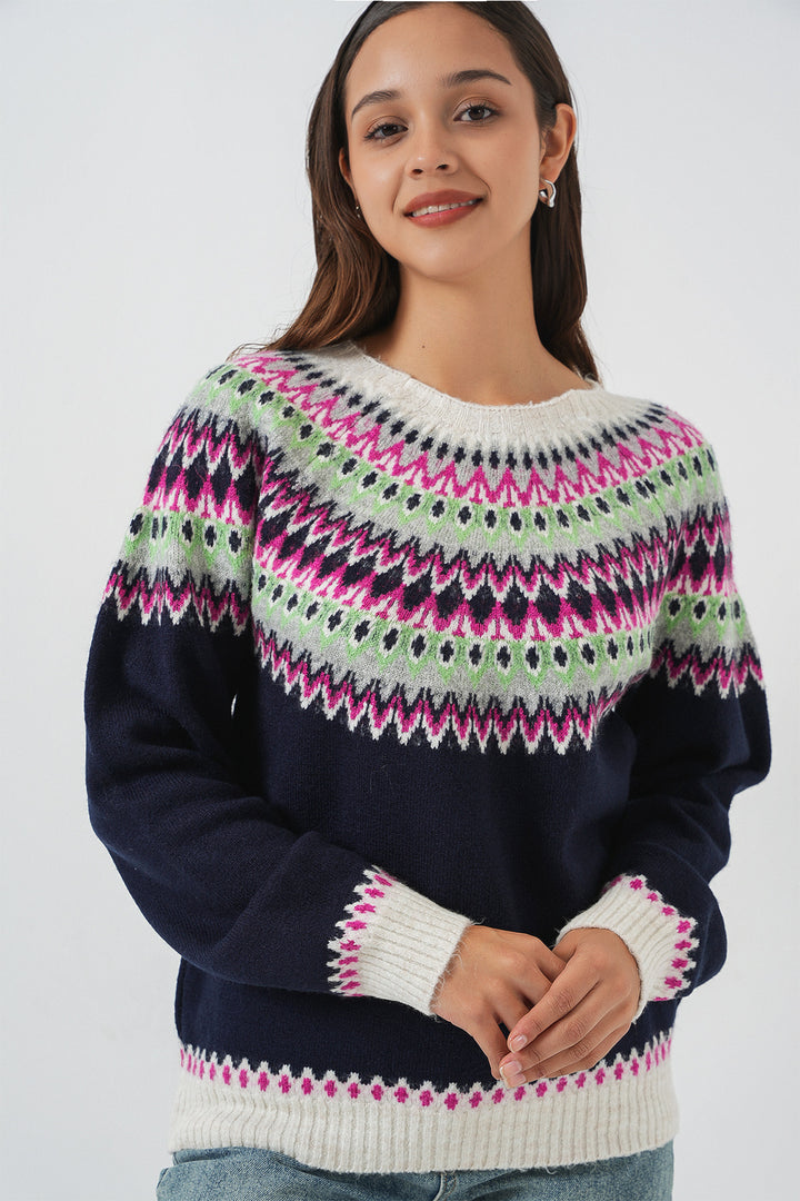 BGD Women Kadın Desenli Triko Kazak 15932 - Lacivert - Brunswick