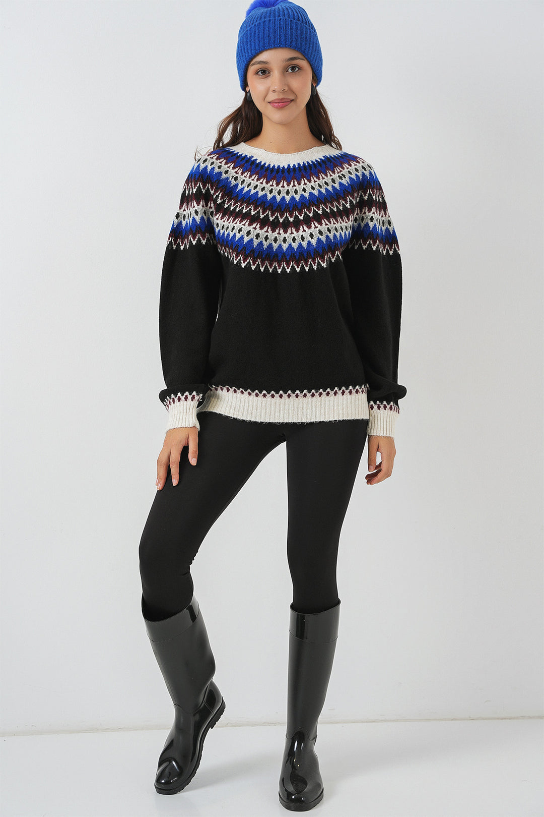 BGD Women Kadın Desenli Triko Kazak 15932 - Siyah - Oviedo