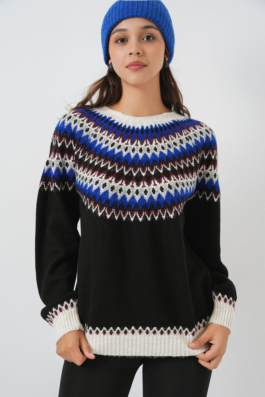 BGD Women Kadın Desenli Triko Kazak 15932 - Siyah - Oviedo