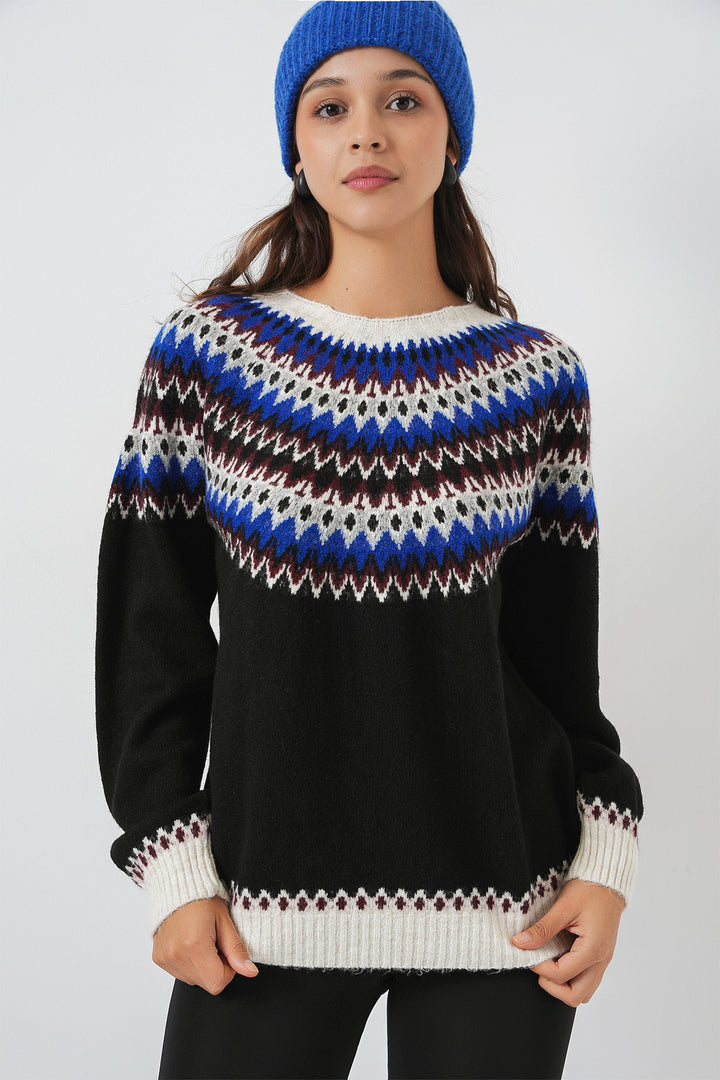 BGD Women Kadın Desenli Triko Kazak 15932 - Siyah - Oviedo