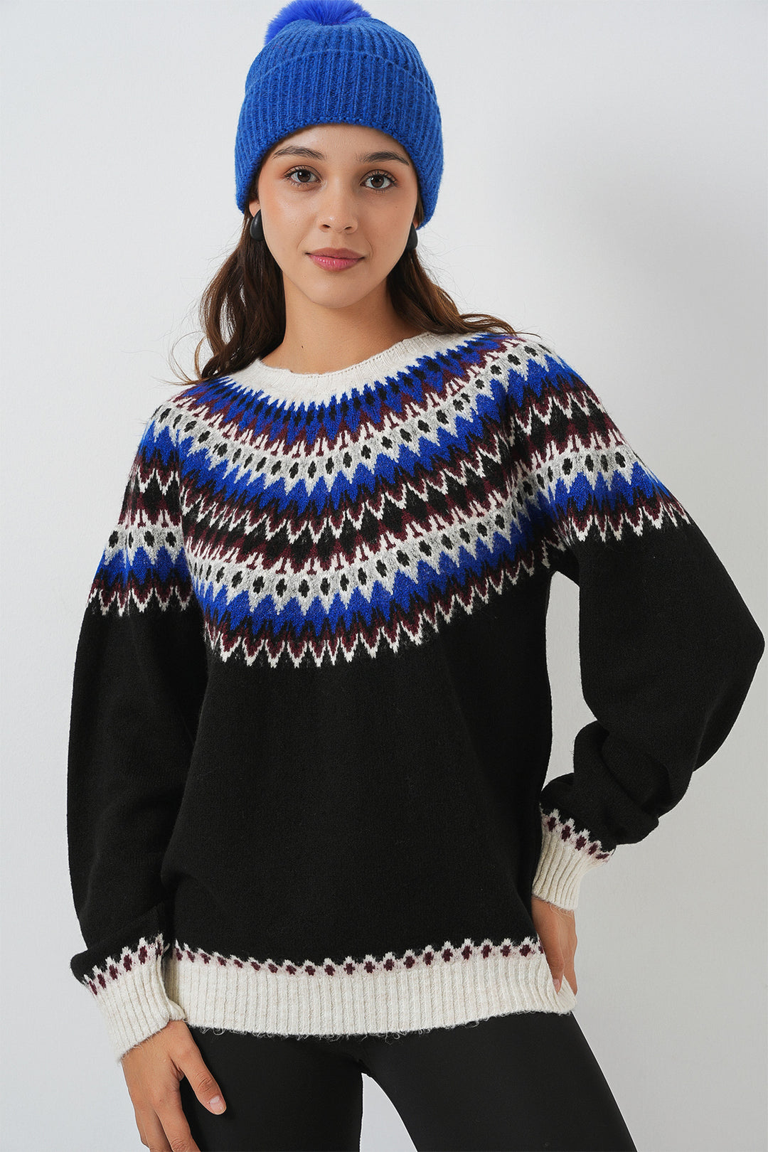 BGD Women Kadın Desenli Triko Kazak 15932 - Siyah - Oviedo