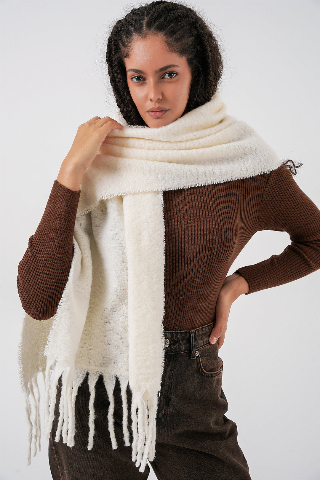 BGD Women Kadın Yumuşak Dokulu Kalın Şal Atkı 15951 - Ekru - Bila Tserkva