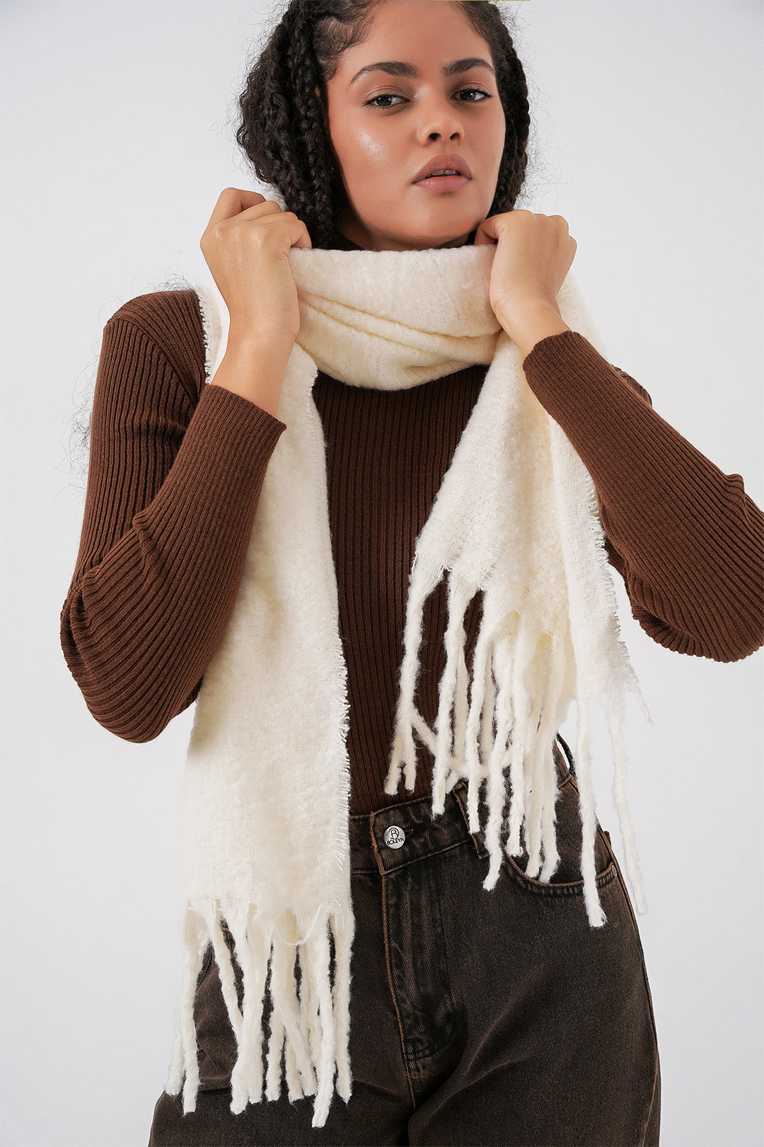 BGD Women Kadın Yumuşak Dokulu Kalın Şal Atkı 15951 - Ekru - Bila Tserkva