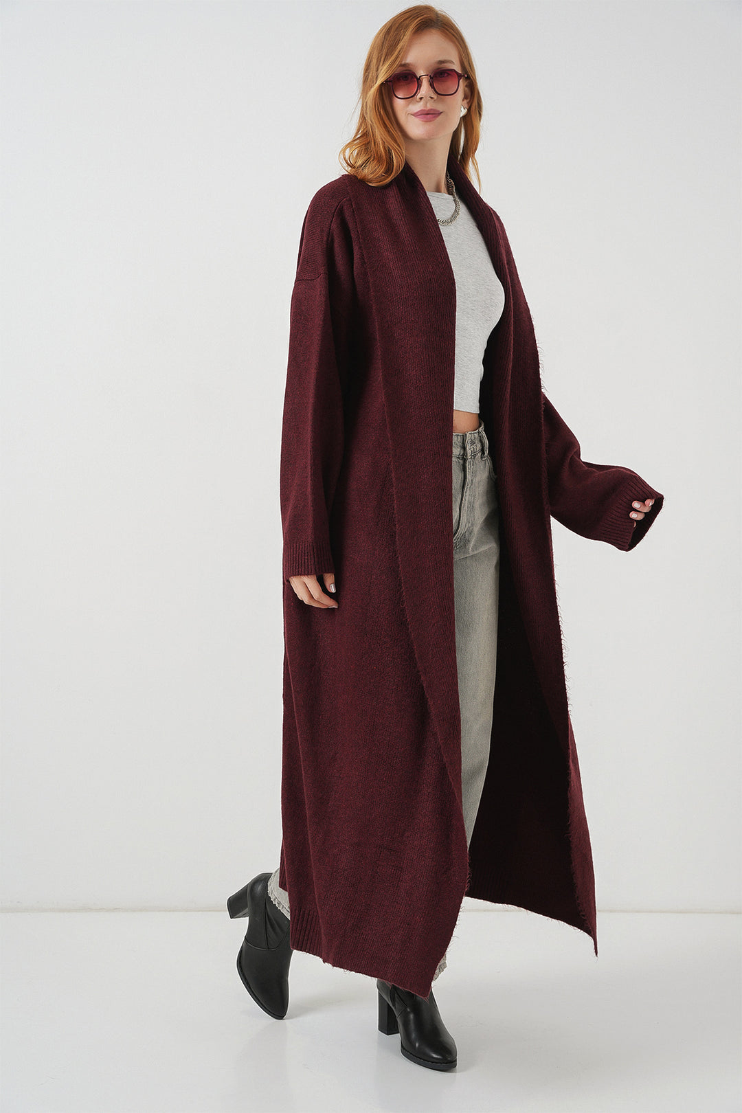 BGD Women Women's Long Oversized Knit Cardigan 15924 - Burgundy - Agrínio