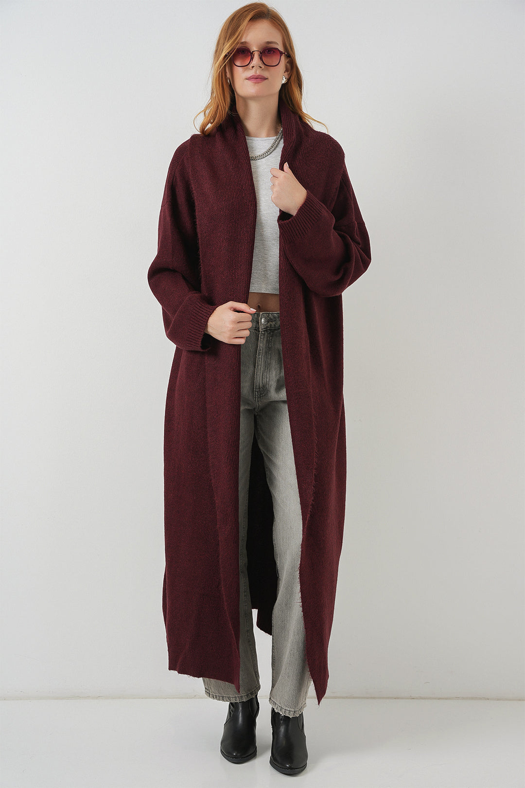 BGD Women Women's Long Oversized Knit Cardigan 15924 - Burgundy - Agrínio
