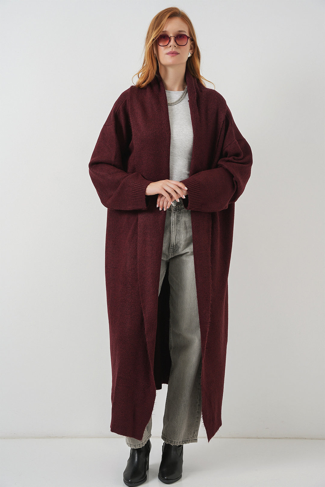 BGD Women Women's Long Oversized Knit Cardigan 15924 - Burgundy - Agrínio