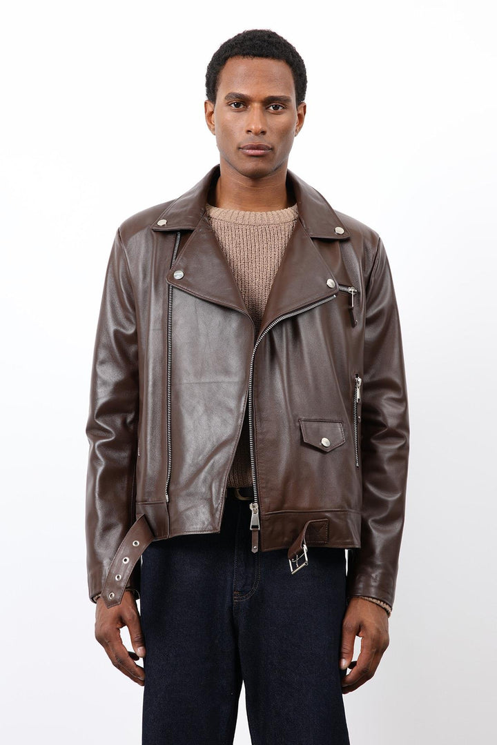 ANT Antioch Kahve 100% Deri Biker Ceket - Amora