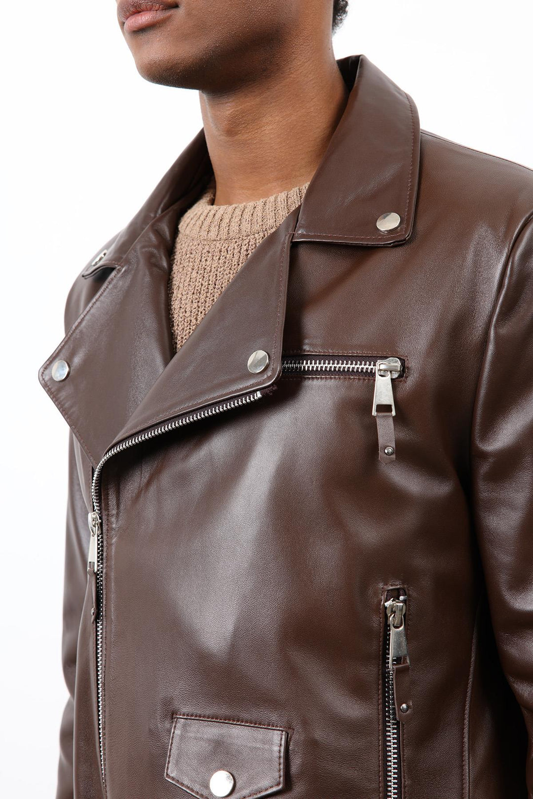 ANT Antioch Kahve 100% Deri Biker Ceket - Amora