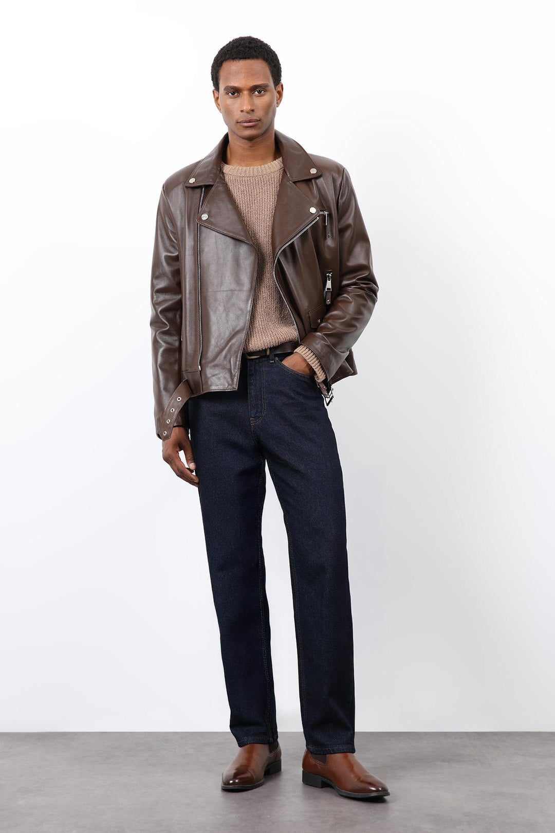 ANT Antioch Kahve 100% Deri Biker Ceket - Amora