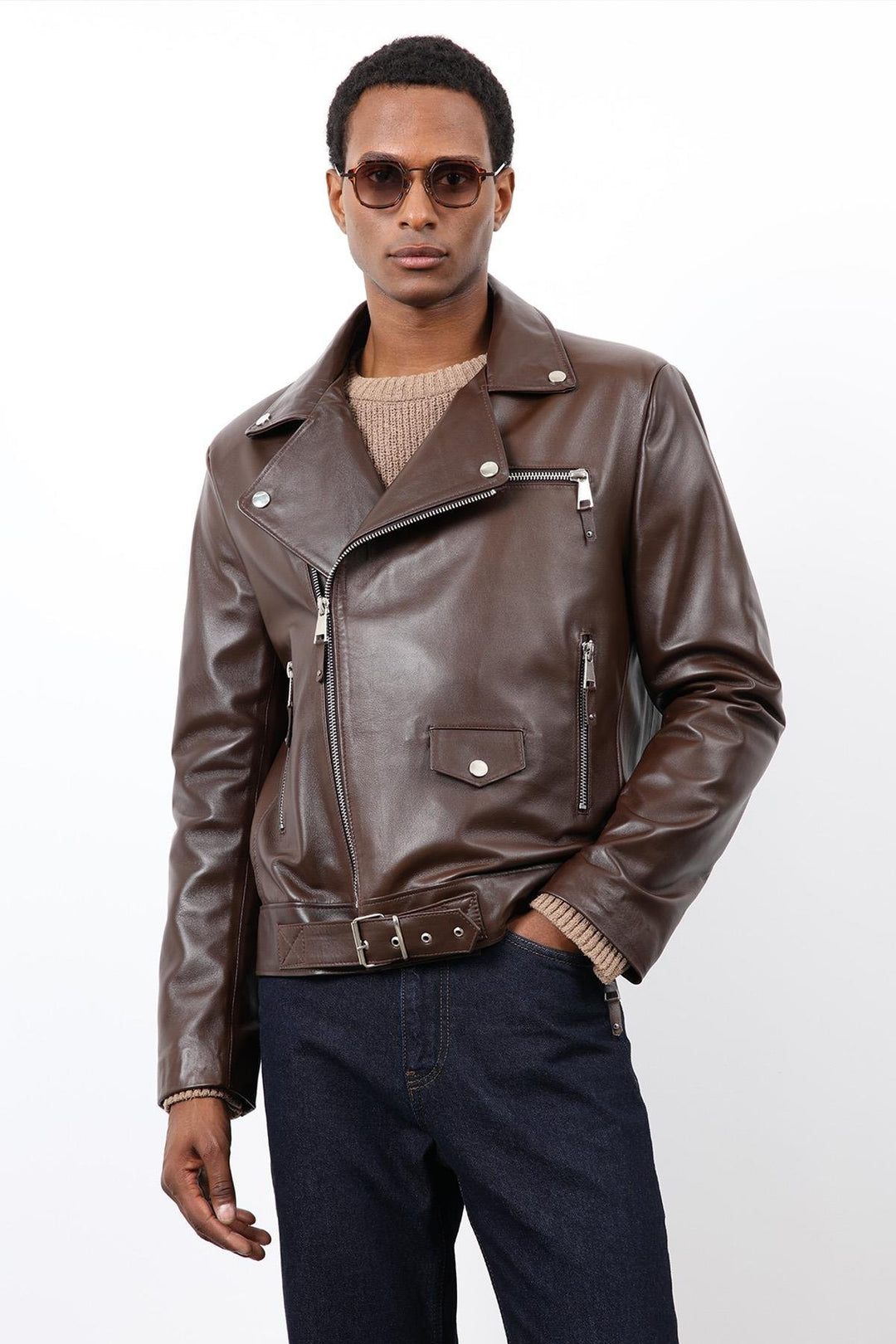 ANT Antioch Kahve 100% Deri Biker Ceket - Amora