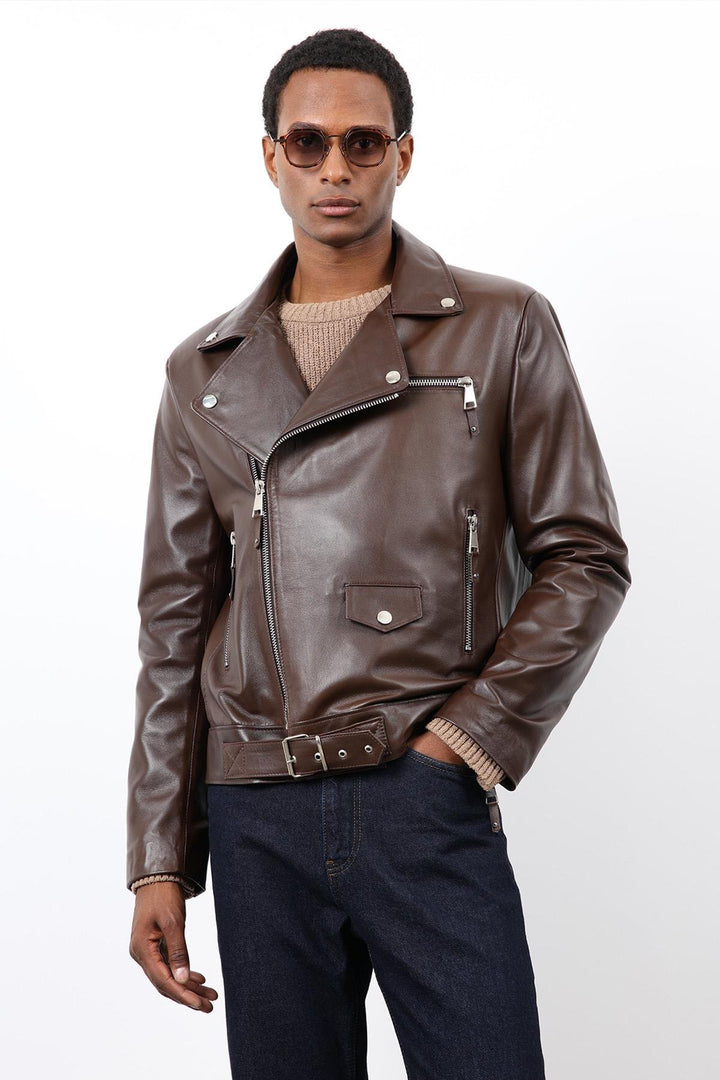 ANT Antioch Kahve 100% Deri Biker Ceket - Amora