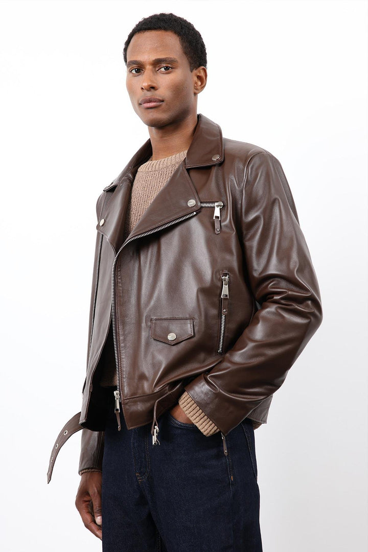 ANT Antioch Kahve 100% Deri Biker Ceket - Amora