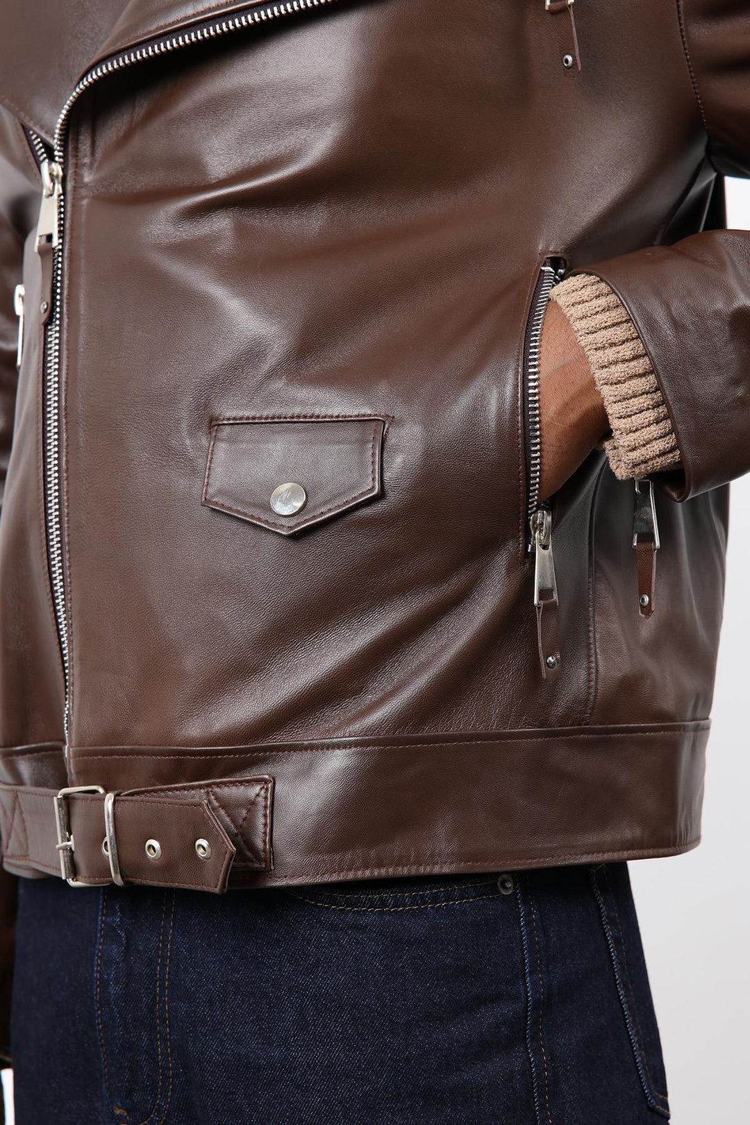 ANT Antioch Kahve 100% Deri Biker Ceket - Amora