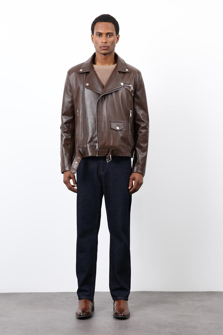 ANT Antioch Kahve 100% Deri Biker Ceket - Amora