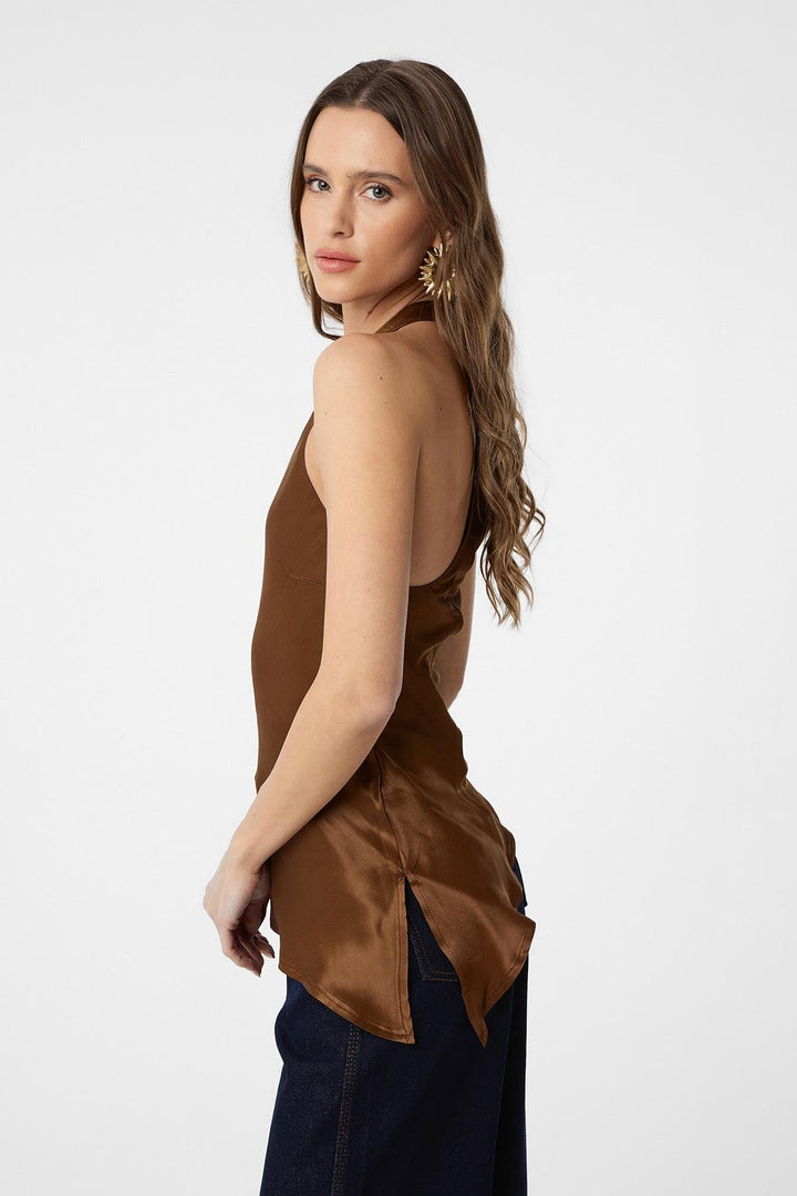 ANT Antioch Coffee Asymmetric Satin Backless Women's Top - Bragadiru