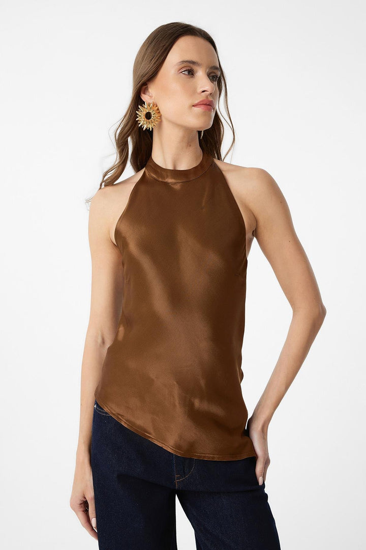 ANT Antioch Coffee Asymmetric Satin Backless Women's Top - Bragadiru
