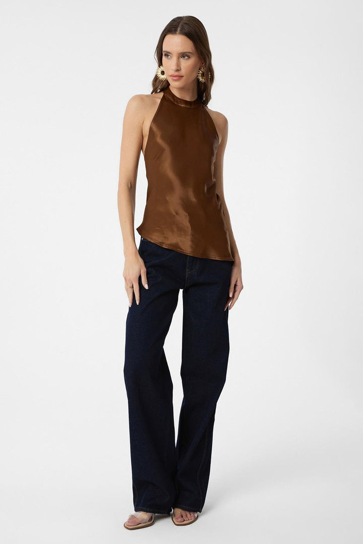 ANT Antioch Coffee Asymmetric Satin Backless Women's Top - Bragadiru