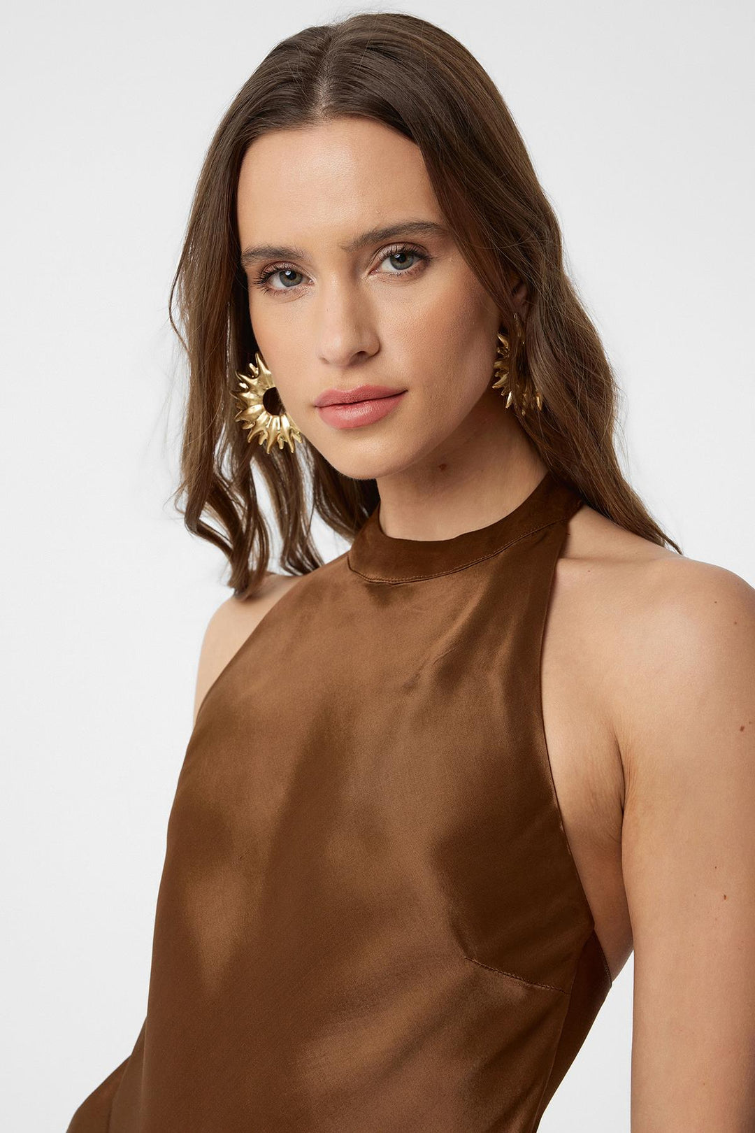 ANT Antioch Coffee Asymmetric Satin Backless Women's Top - Bragadiru