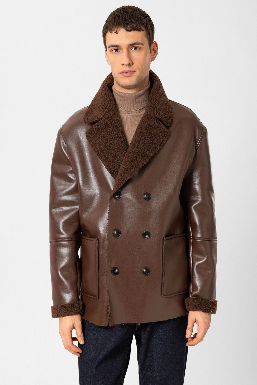ANT Antioch Coffee Lined Detailed Faux Leather Wrap Men's Coat - Tlalixcoyan
