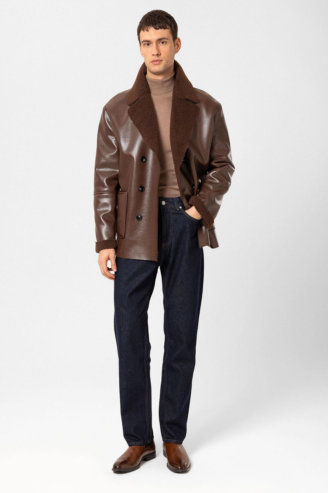 ANT Antioch Coffee Lined Detailed Faux Leather Wrap Men's Coat - Tlalixcoyan