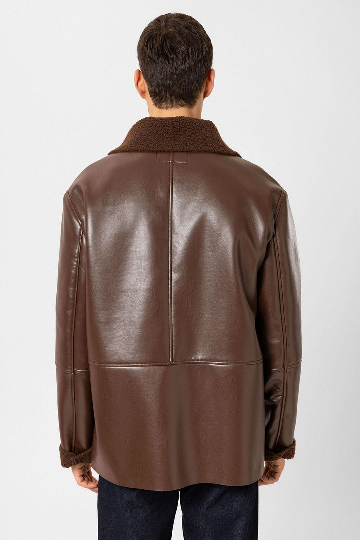 ANT Antioch Coffee Lined Detailed Faux Leather Wrap Men's Coat - Tlalixcoyan