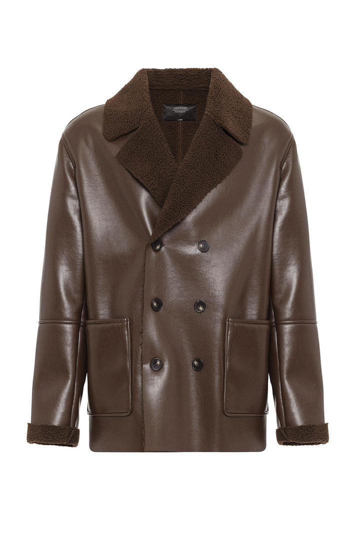 ANT Antioch Coffee Lined Detailed Faux Leather Wrap Men's Coat - Tlalixcoyan
