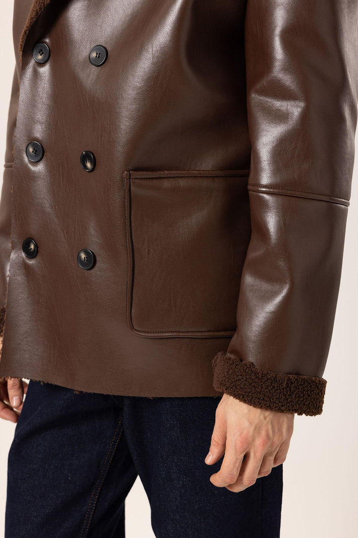 ANT Antioch Coffee Lined Detailed Faux Leather Wrap Men's Coat - Tlalixcoyan