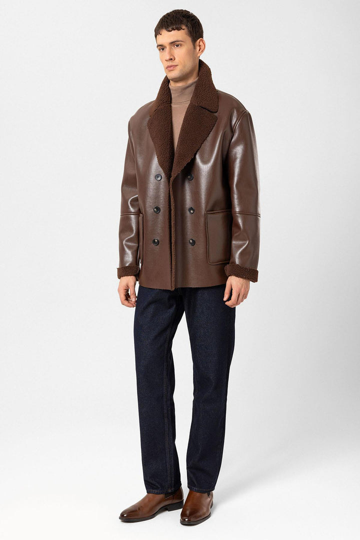 ANT Antioch Coffee Lined Detailed Faux Leather Wrap Men's Coat - Tlalixcoyan