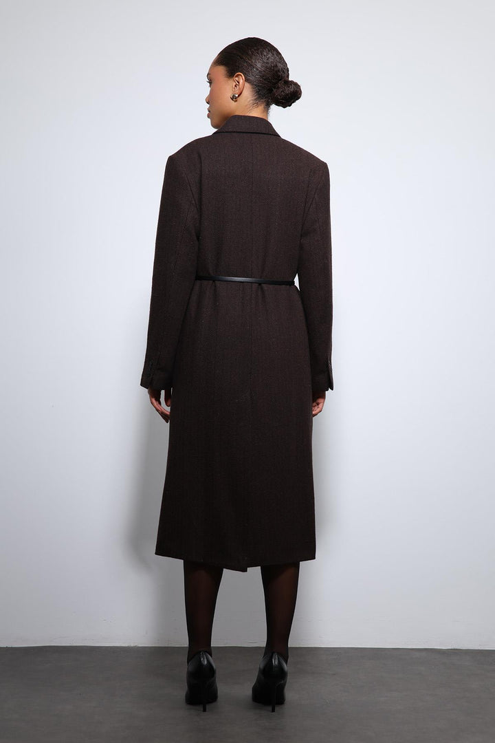 ANT Antioch Kahve Balıksırtı Desenli Kemerli Kaban - Mitrovicë