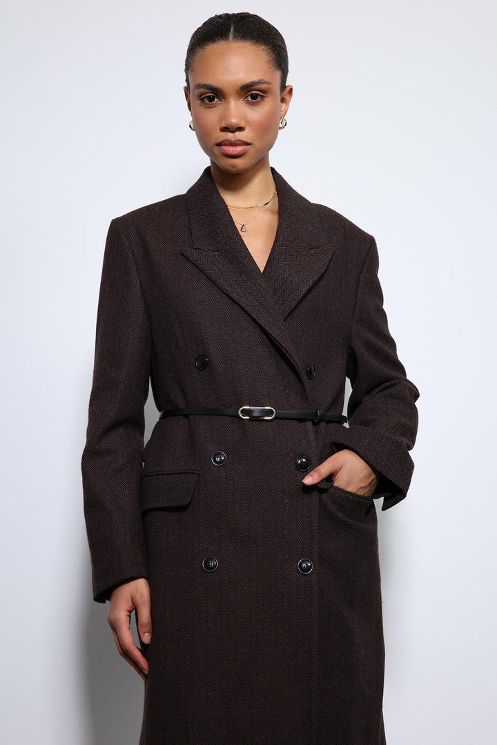 ANT Antioch Kahve Balıksırtı Desenli Kemerli Kaban - Mitrovicë