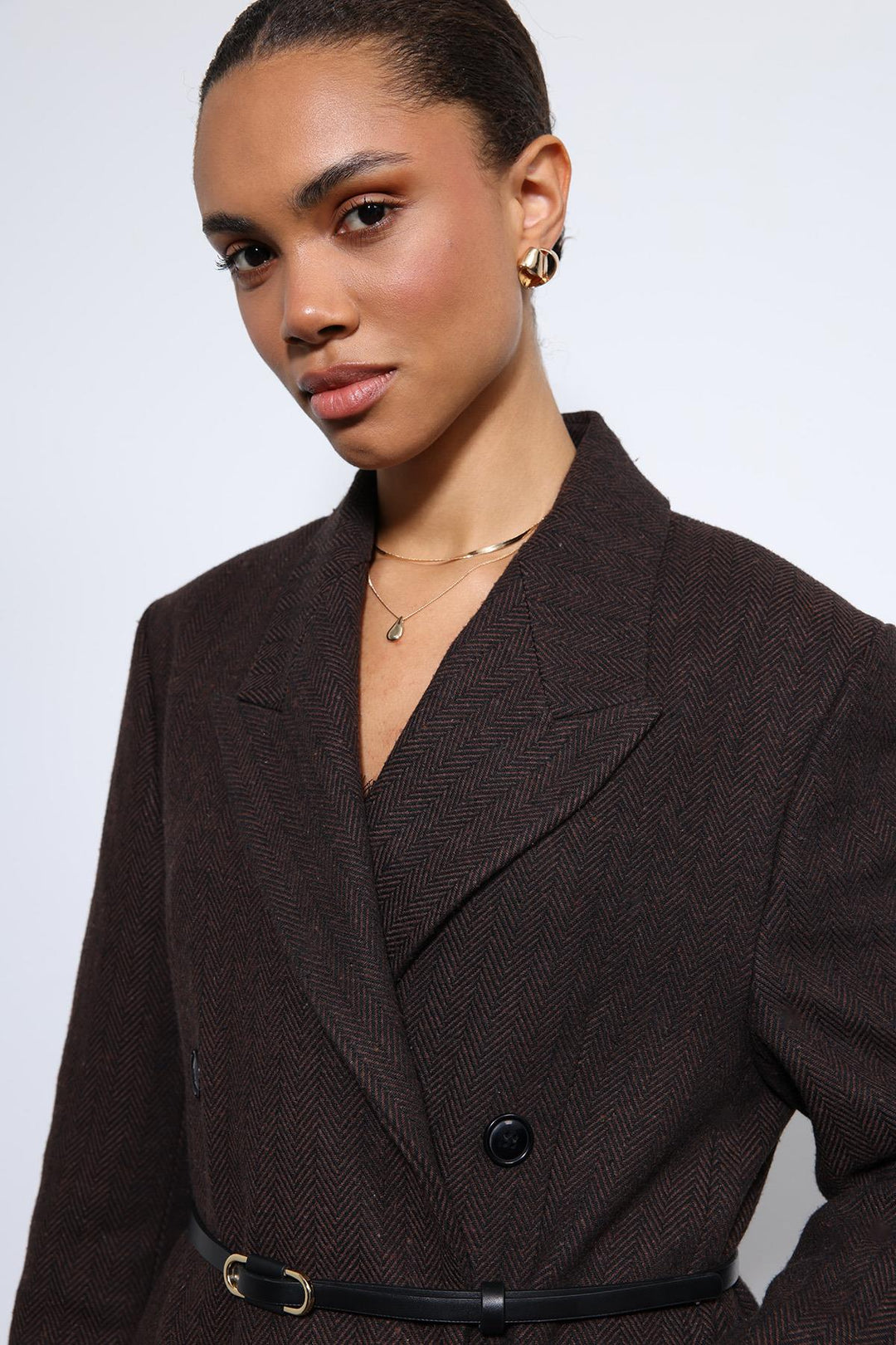 ANT Antioch Kahve Balıksırtı Desenli Kemerli Kaban - Mitrovicë