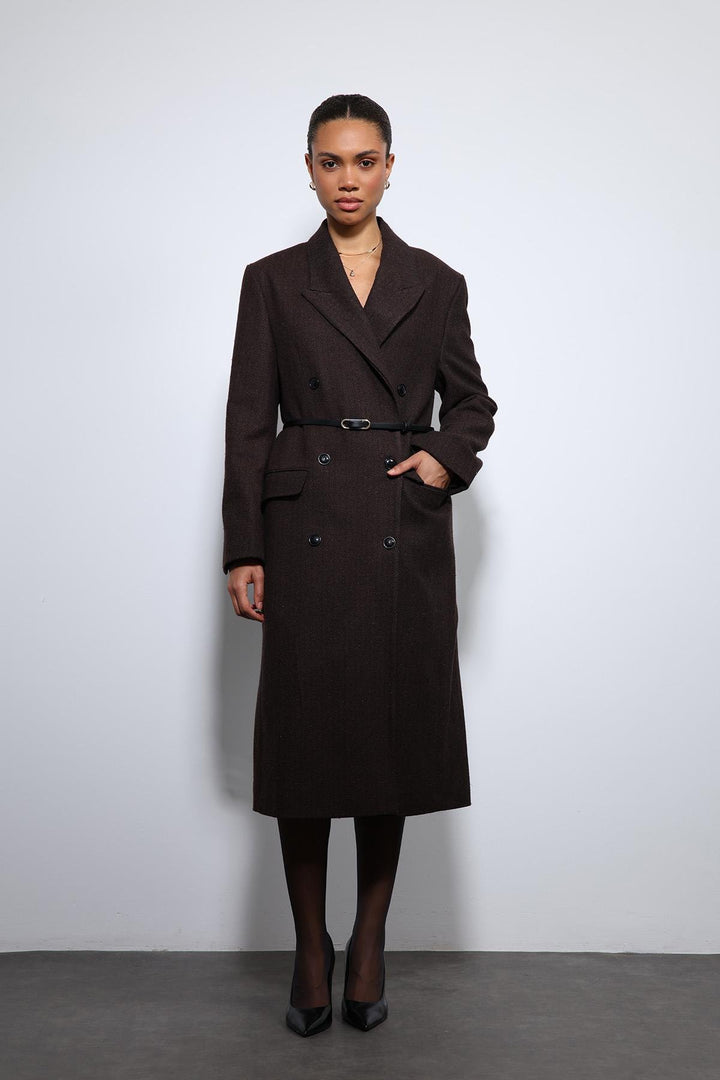 ANT Antioch Kahve Balıksırtı Desenli Kemerli Kaban - Mitrovicë