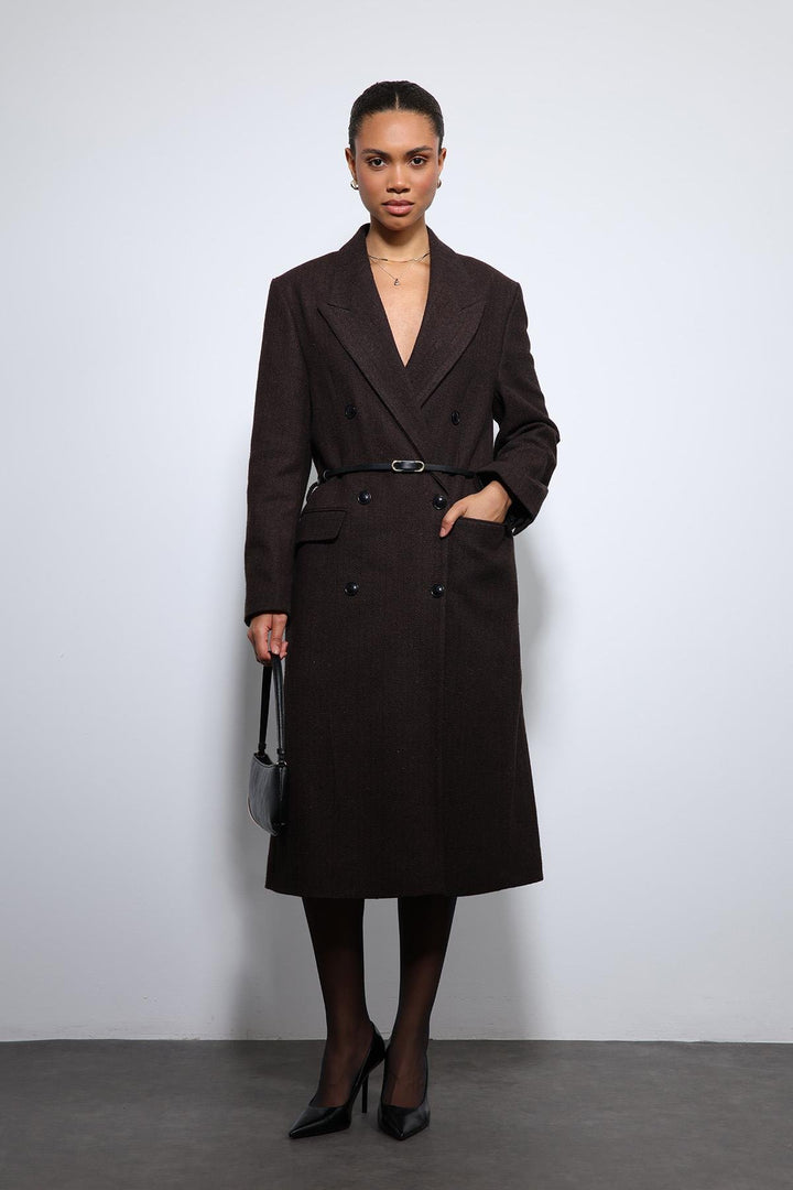 ANT Antioch Kahve Balıksırtı Desenli Kemerli Kaban - Mitrovicë